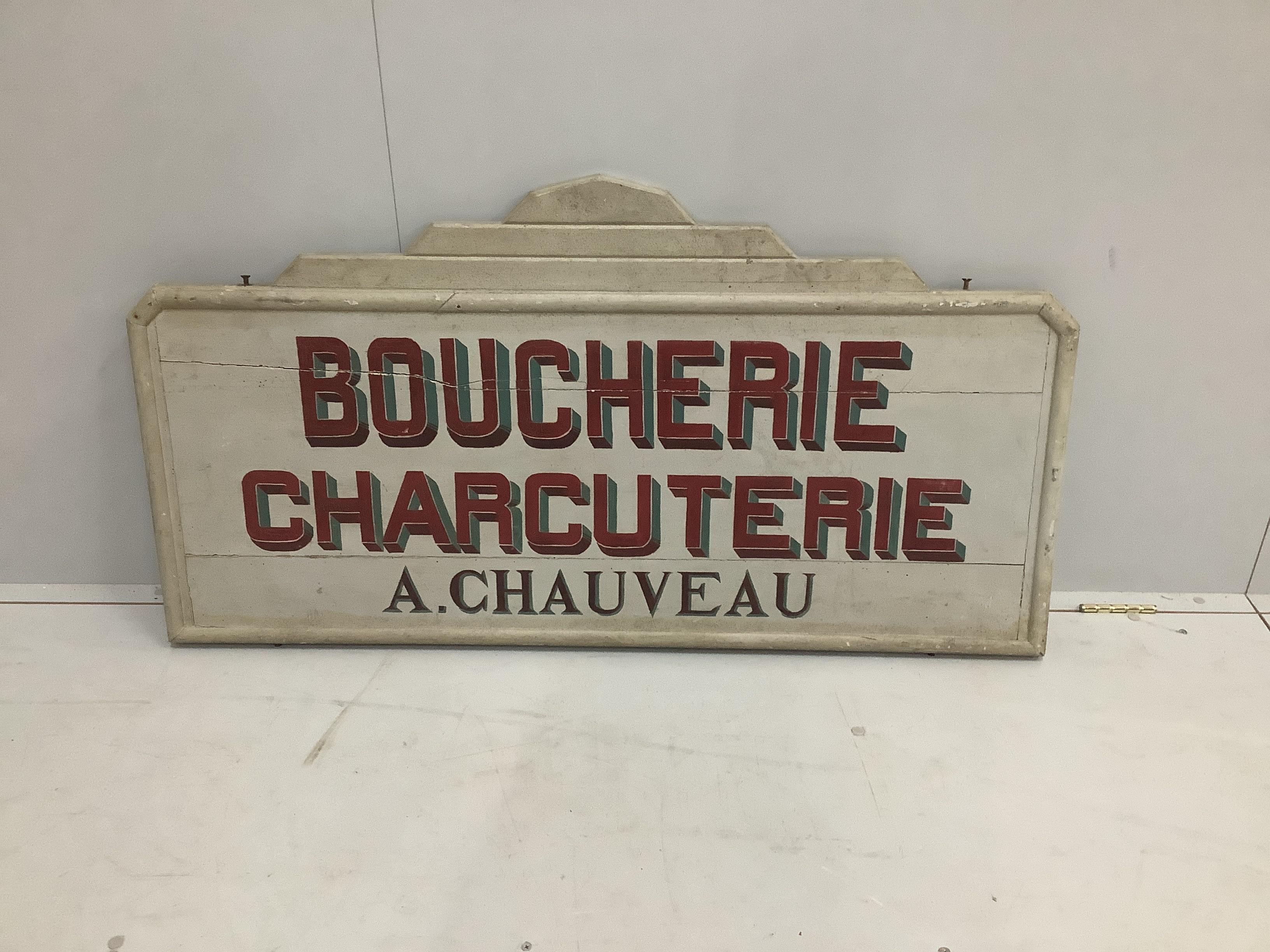 A French vintage painted charcuterie sign, width 122cm, height 64cm